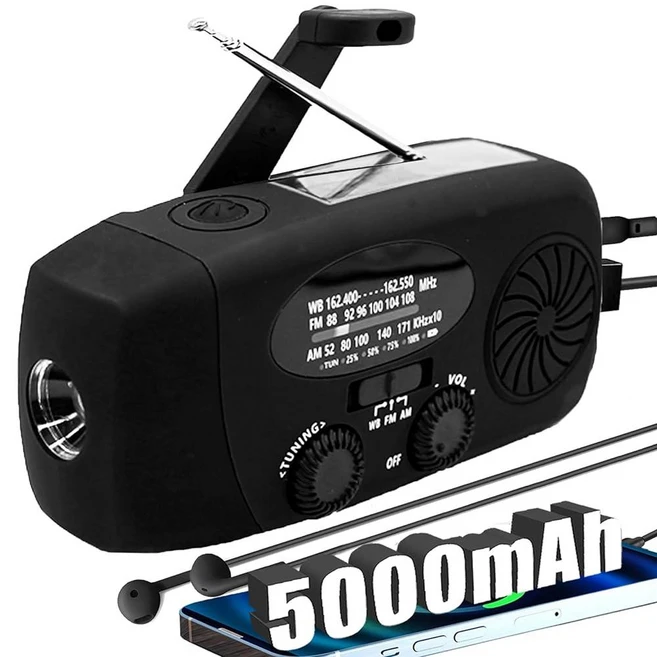 2024 업그레이드 5000mah Alertsync NOAA 기상 비상 라디오 태양열 충전 포함 AM FM 핸드 크랭크 와인드업 라디오 SOS 알람 LED 손전등 이어폰 잭, 5000mah 블랙