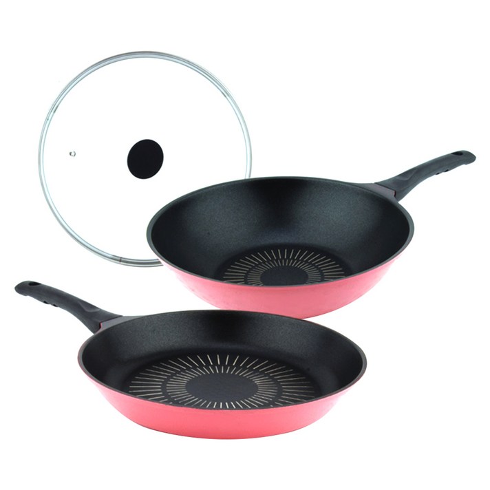 키친아트 본 핑크 후라이팬 세트, 프라이팬 + 궁중팬 + 뚜껑(28cm)