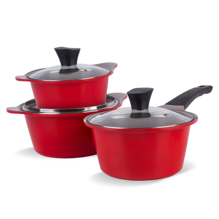 키친웰 벨로스 인덕션 세라믹 코팅냄비 3종 세트, 레드, 냄비 양수 16cm + 20cm + 편수 18cm