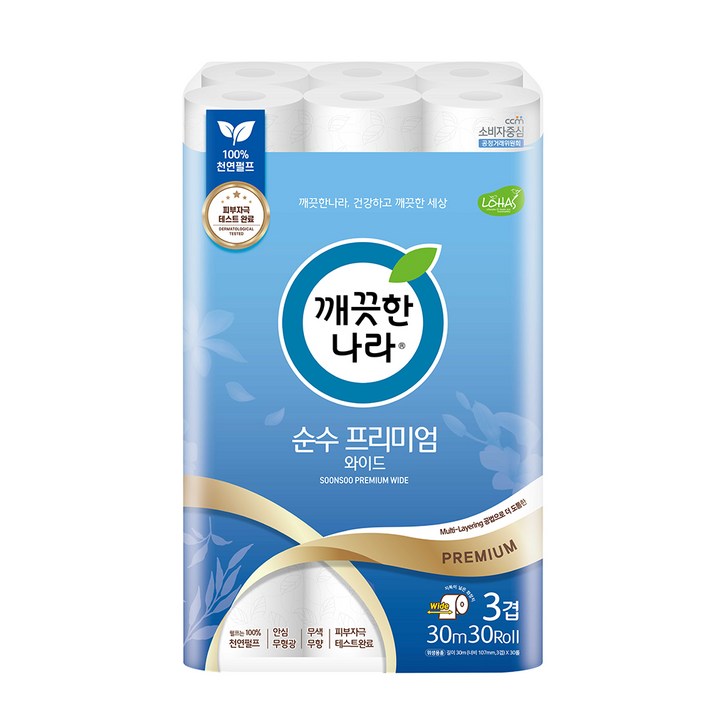 깨끗한나라 3겹 데코 순수 프리미엄 와이드 천연펄프 롤화장지 30m, 30롤, 1개