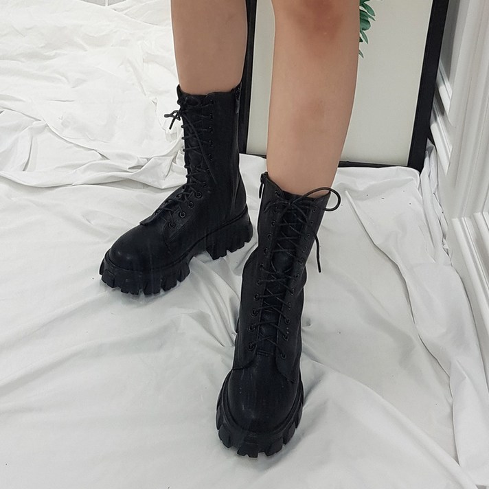 파이 여성용 통굽 끈 미들 워커 부츠 6cm K118
