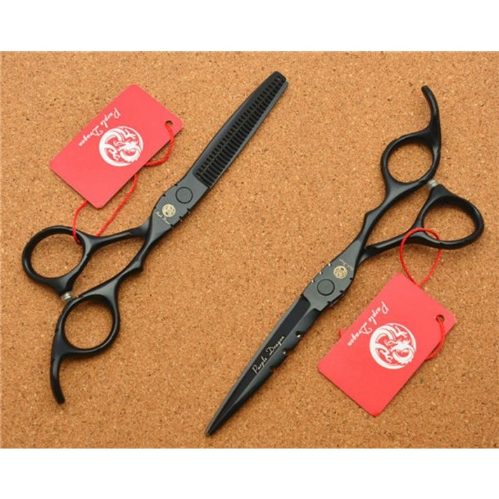 이발가위 5.5퍼플 드래곤 JP 440C 블랙 절단 숱이 전문 인간의 머리카락 Z1010 미용가위, 2Pcs 케이스 K 없음