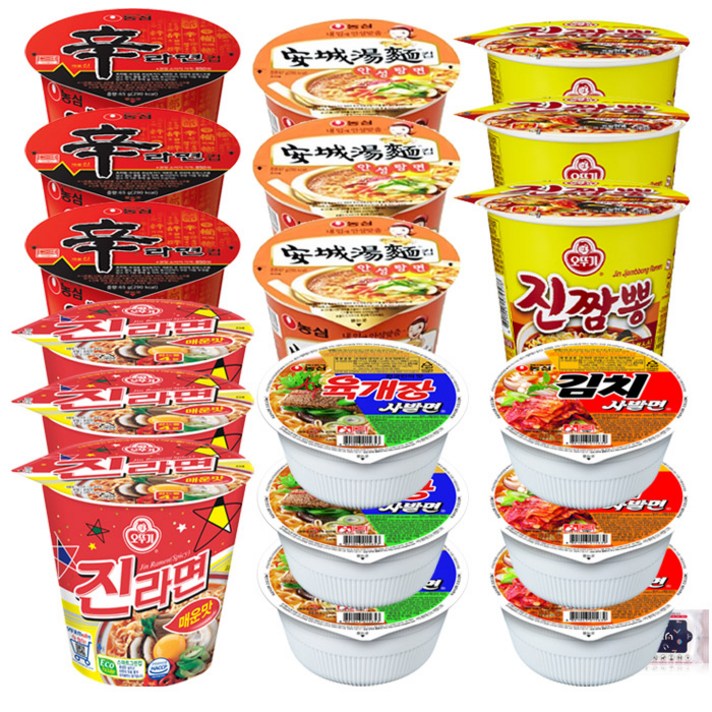 농심 오뚜기 소컵 라면 6종 18개입 (육개장사발면3+김치사발면3+진라면 매운맛3+신라면3+안성탕면3+진짬뽕3)+블루존물티슈, 1세트