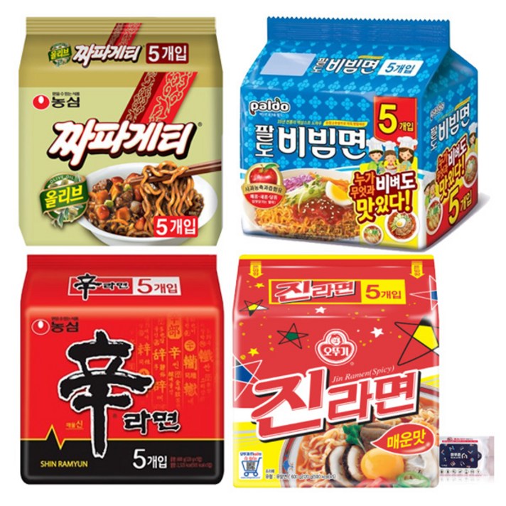 오뚜기 농심 팔도 멀티팩 4종 세트 (신라면5P + 진라면매운맛5P + 짜파게티5P+ 팔도비빔면5P) + 블루존물티슈, 1세트