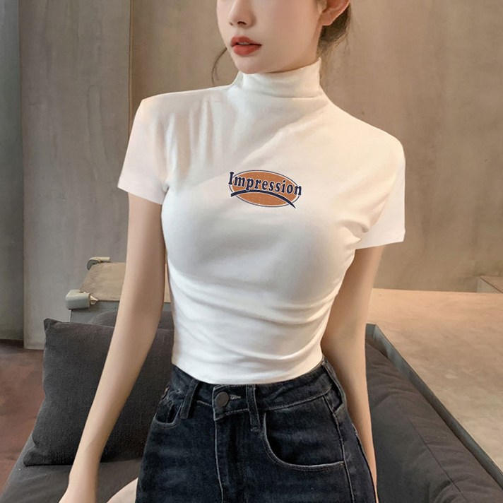 여름 새로운 여성 골프 의류 여성 골프 탑 유행 반팔 티셔츠 여성용 블랙 하이 칼라 베이스 셔츠 레트로 웨스턴 스타일 쇼트 탑 롱