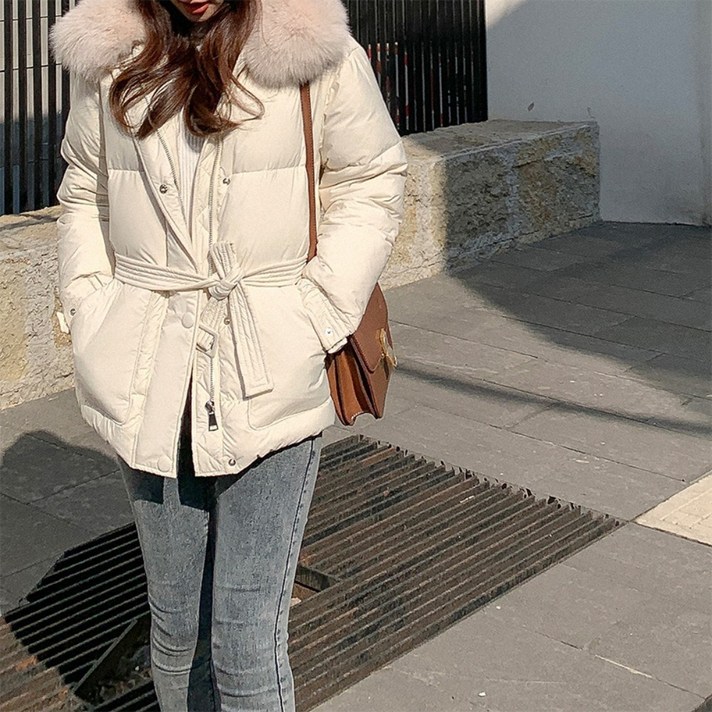 여성 숏패딩 퍼 카라 구스 다운 폭스퍼 벨티드