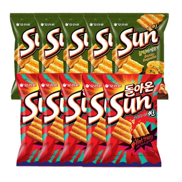 오리온 돌아온썬 두가지맛 5봉지씩 썬칩갈릭바게트 썬칩 핫스파이 봉지과자 묶음과자 세트과자, 1set