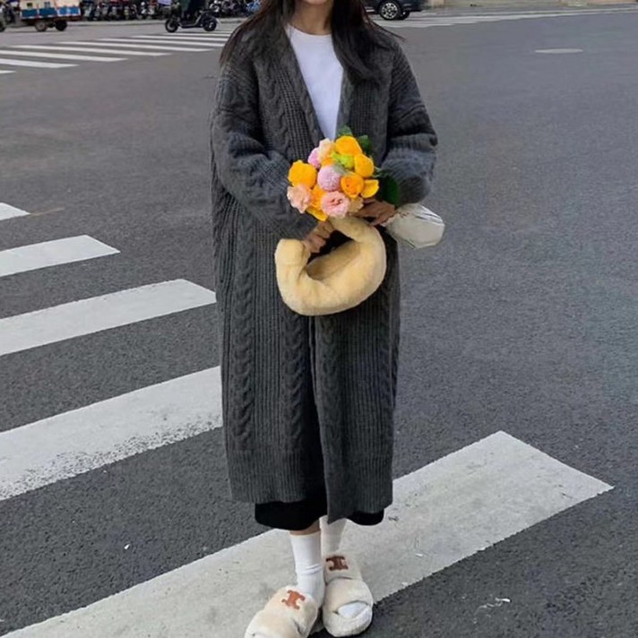 ANYOU 여성 빅사이즈 오버핏 롱 니트 가디건 가을 겨울 골지 꽈배기 니트 코트