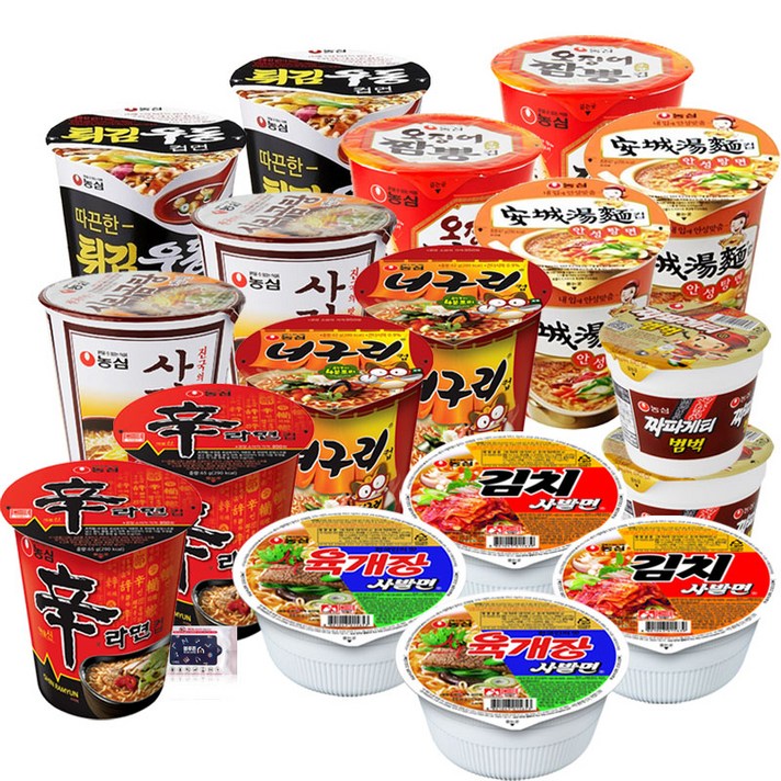 농심 소컵라면 9종 18개입 (육개장사발면2 + 김치사발면2 + 짜파게티범벅2 + 신라면2 + 안성탕면2 + 오징어짬뽕2 + 튀김우동2 + 너구리2 + 사리곰탕2) + 블루존물티슈, 1세트
