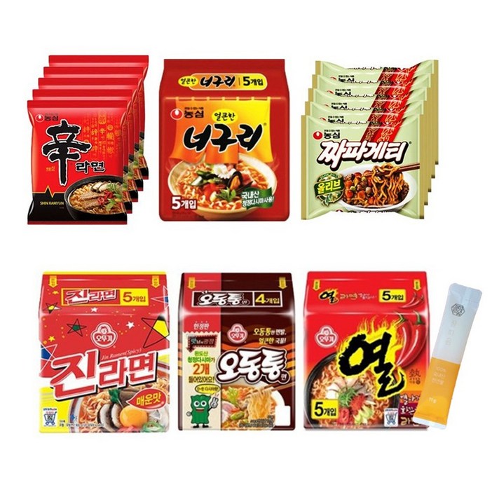 농심 신라면 5개+너구리 5개+짜파게티 5개+오뚜기 진라면 매운맛 5개+열라면 5개+오동통면 4개+허니스틱 1개, 1세트