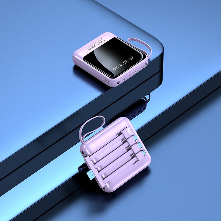 PYHO LED 디지털 디스플레이 미니 대용량 보조배터리 20000mAh 자체 4선, 보라색20000mAh