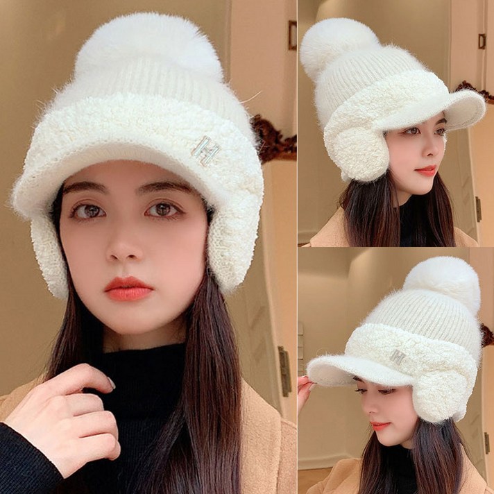 Joyce shop 여성모자 C형 여성 겨울 니트 모직 털 방울 귀마개 모자 벙거지 방한 군밤모자 털모자