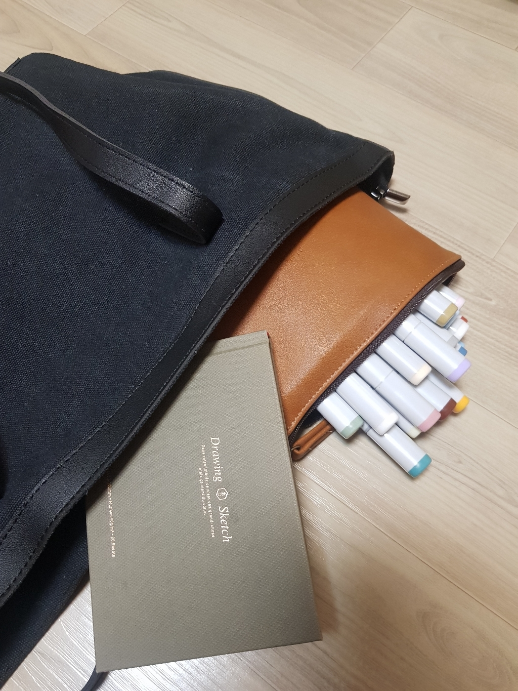 아롱이샵 고급스러운 가죽 테두리 심플 지퍼 캔버스 에코 쇼퍼백