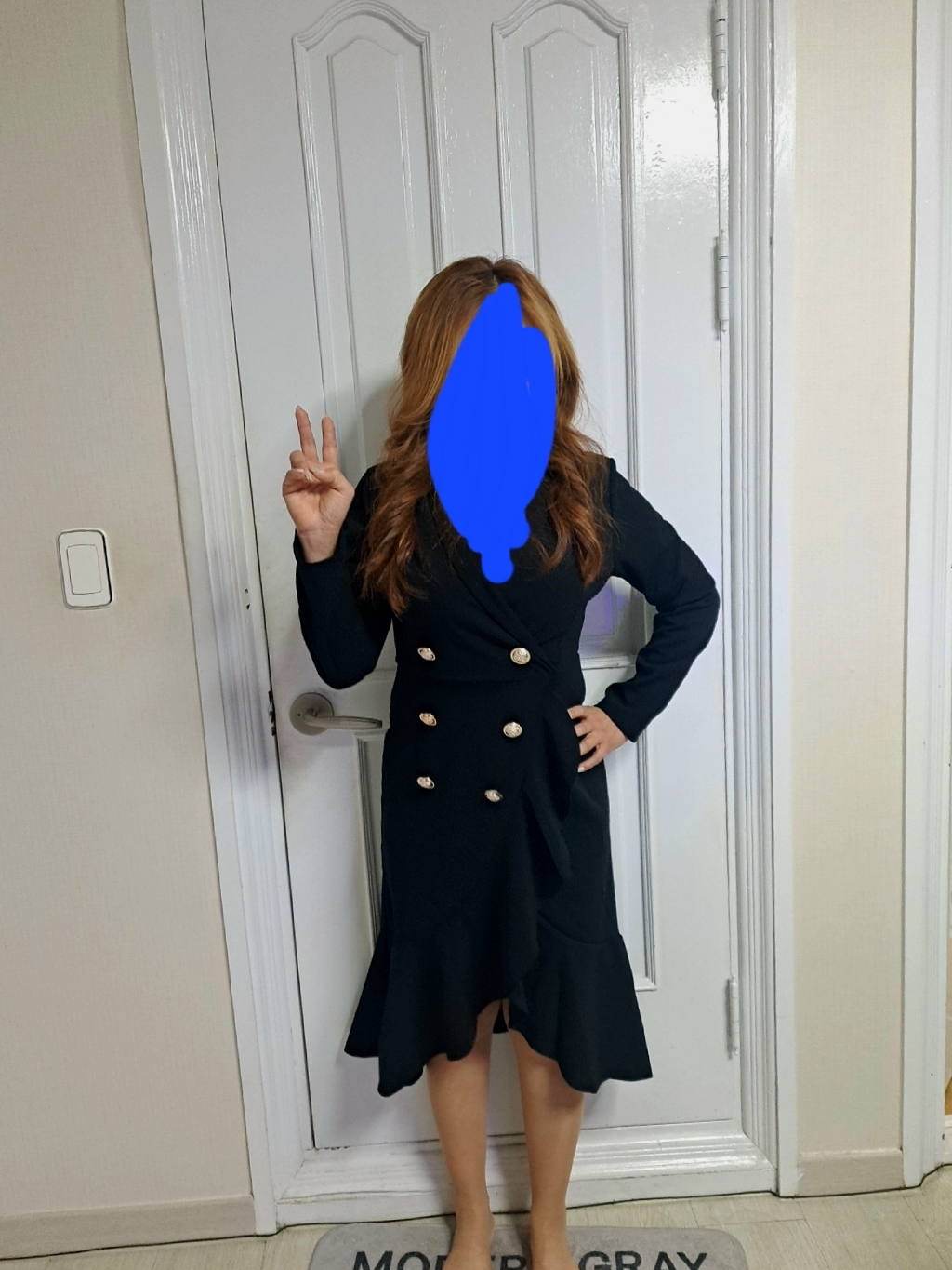 페이퍼먼츠 여성 브이넥 더블 버튼 플레어 스커트 블랙 원피스 13633
