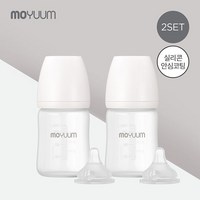 [모윰] 안심코팅 노꼭지 유리젖병 150ml 2팩 + 젖꼭지(2p), 투명