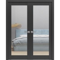 SARTODOORS 사르투도어 솔리드 인테리어 프렌치 더블 도어 60 x 80인치 루시아 1299 매트 블랙 with 미러 우드 패널 프레임 트림 옷장 침실 견고한 Q10551, 60" x 80" ( 2* 30x80)