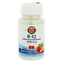Kal B-12 아데노실코발라민 1000mcg 스트로베리 인스턴트 디졸브 마이크로 타블렛, 90개입, 1개