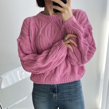 오오엘 여성용 꽈배기 캔디크롭꽈R 루즈핏 크롭티 라운드 니트