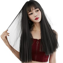 하이유니 풀뱅 스트레이트 펌 롱헤어 통가발 58cm + 가발망 + 가발거치대 세트, 챠콜블랙(가발)