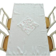 지비유 식탁보_직사각 4인용, 화이트 핑크자수