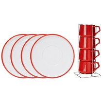 덴스크 코벤스타일 티잔 4p + 받침 4p + 컵 거치대 커피잔 세트, 레드, 1세트