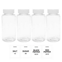 홈앤라이프 투명원형 PET 양념통 200ml 세트, 1세트, 양념통 4p + 흰색캡 4p + 스티커 4p(소금 + 설탕 + 후추 + 고춧가루)