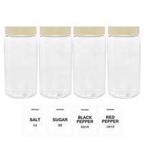 홈앤라이프 투명원형 PET 양념통 350ml 세트, 1세트, 양념통 4p + 미색캡 4p + 스티커 4p(소금 + 설탕 + 후추 + 고춧가루)