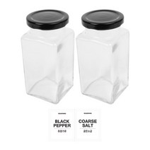 홈앤라이프 유리 양념통 사각 블랙캡 300g 2p 세트, 1세트, 양념통 사각 2p + 투명스티커(후춧가루 + 굵은소금)