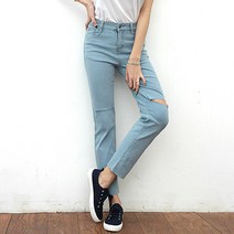 잘빠진 여성용 칼컷팅 스판 연청 아이스데님팬츠