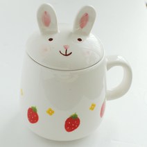 모이내츄럴 동물 뚜껑 머그컵 390ml, 토끼 + 딸기, 1개