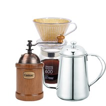 코맥 커피핸드드립 이중날커피밀 엔틱 원통 + 드립주전자 바리스타 700ml + 드립세트 600ml, 혼합색상, 1세트