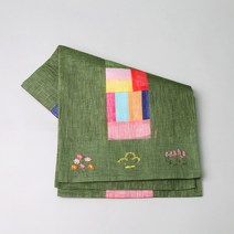 하율공방 고급 모시 전통 조각보 꽃자수 테이블러너, 카키색