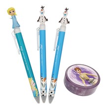 디즈니 겨울왕국 마스코트 흑색 볼펜 0.5mm 3p세트 + 마스킹 테이프 B타입, 엘사, 올라프(볼펜), 랜덤발송(테이프), 1세트