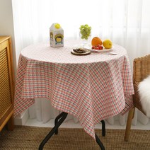 바이지미 깅엄체크 플라워 자수 테이블보, 핑크, 특대