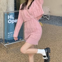 메이첼 핑크 니트 미니 원피스 볼레로 투피스 세트 00303