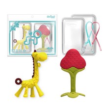 앙쥬 치발기 2종 세트, 노꼭지, 기린, 딸기, 랜덤발송(실리콘클립)