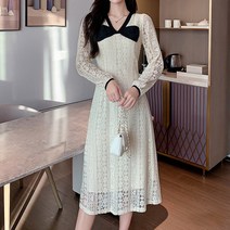 페이퍼먼츠 브이리본넥 레이스 미디 원피스 01128