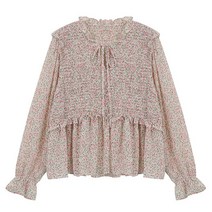 비엔엑스 잔 플라워 패턴 셔링넥 프릴 블라우스