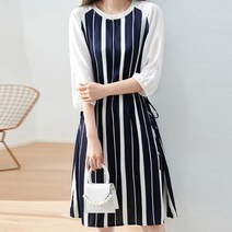 페이퍼먼츠 배색 스트라이프 허리 리본 플레어 미디 원피스 01954