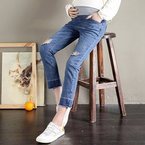 유니크한 데미지 크롭 9부 컷팅 데님 청 임산부 바지