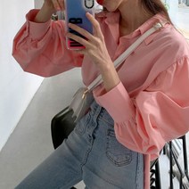 비첼라 여성용 메이첼 카라넥 심플 볼륨 소매 솔리드 긴팔 셔츠 01976