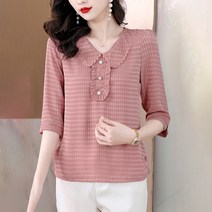 아뗄릭 여름 쉬폰 브이넥 레이스카라 진주 블라우스 01793