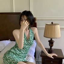 다담패키지 여성용 홀터넥 플라워 패턴 휴양지 미니 원피스 HR529