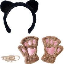 파티쇼 밍크 고양이 머리띠 + 밍크 고양이 장갑 양손 세트, 카키(장갑), 블랙(머리띠), 1세트