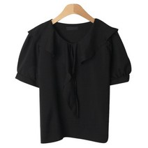 시크블랙 오엔포 라운드넥 어깨퍼프 반팔 프릴 블라우스 cpbl5205k35