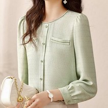 여성용 MA 트위 라운드넥 퍼프 블라우스