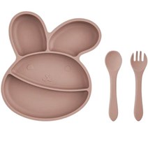 아띠래빗 아동용 아기 토끼 흡착 식판 + 스푼 + 포크 세트, 1세트, 토프브라운