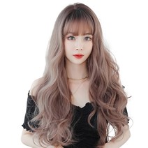 하이유니 글램 펌 롱 헤어 긴머리 통가발 가발 65cm + 가발망 + 거치대 세트, 핑크브라운