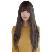 하이유니 풀 뱅 스트레이트 펌 롱 헤어 긴머리 통가발 가발 75cm + 가발망 + 거치대 세트, 브라운블랙