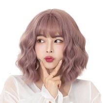 하이유니 물결 펌 헤어 단발 통가발 가발 35cm + 가발망 + 거치대 세트, 애쉬퍼플